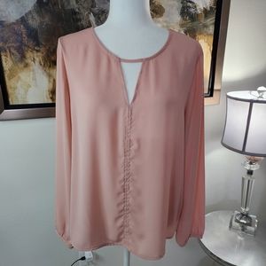 Simply Styled Sheer Vintage Pink Blouse LS Top w Keyhole Neckline